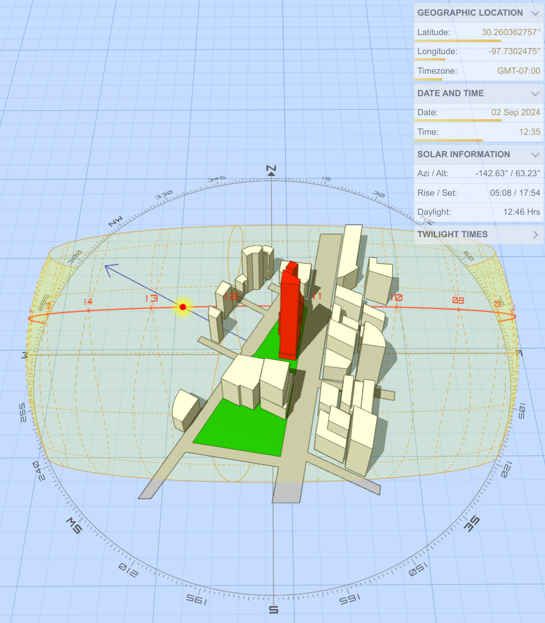 3D visual representation of the sun's path in Austin, illustrating how Zeta House is aligned to maximize shade and natural light throughout the day